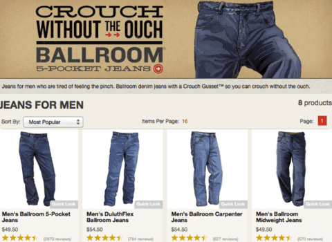 Duluth Trading does a fantastic job of capturing their visitors’ attention on their jeans category page
