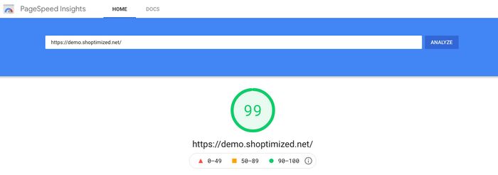 Shoptimized Theme PageSpeed Insights Score
