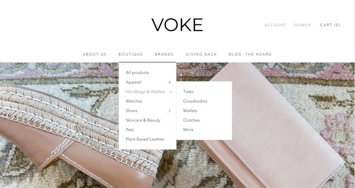 Luxury Vegan Brand boutique, Voke have their collections well-structured and simple to navigate.