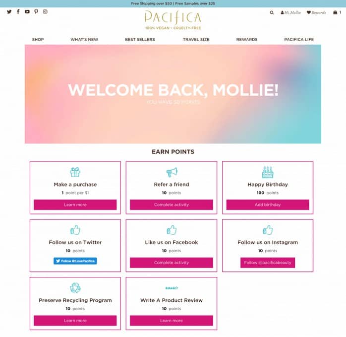 Shopify Loyalty Program - Earn Points - Pacifica Beauty loyalty page example